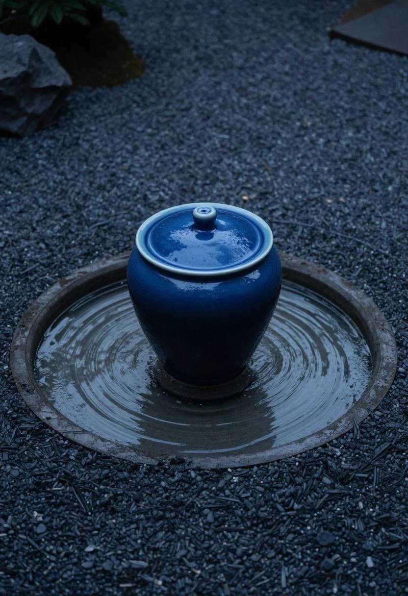 Overhead view of a cool blue ceramic pot fountain casting water rings in a gravel zen garden at dusk