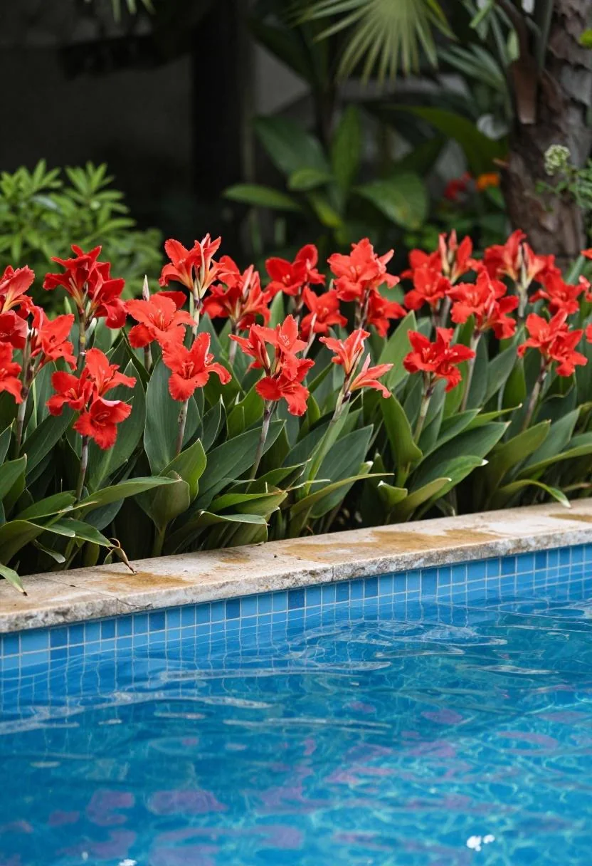 Pink canna lilies in a zinc railing planter brightening a morning balcony alongside a linen folding chair