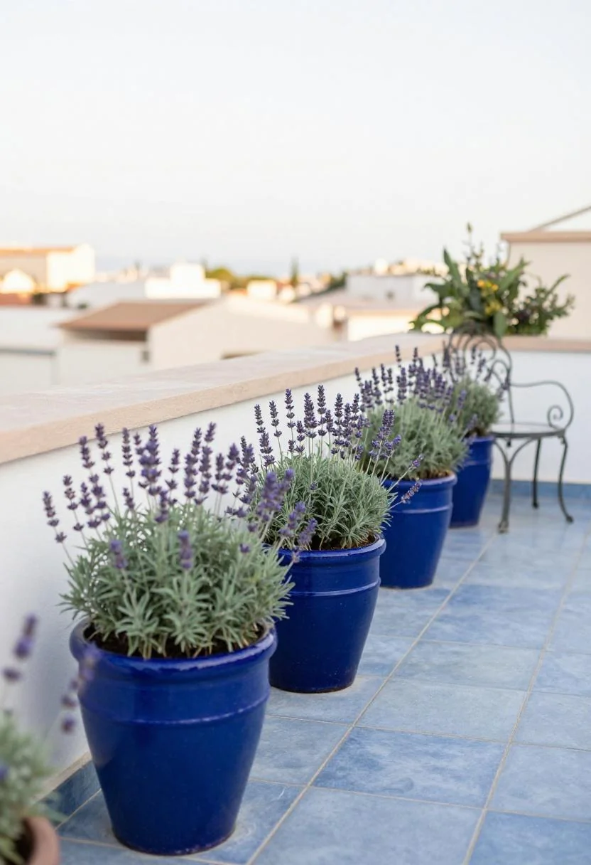 Cobalt glazed lavender pots lining the parapet of a blue-tiled Mediterranean rooftop terrace