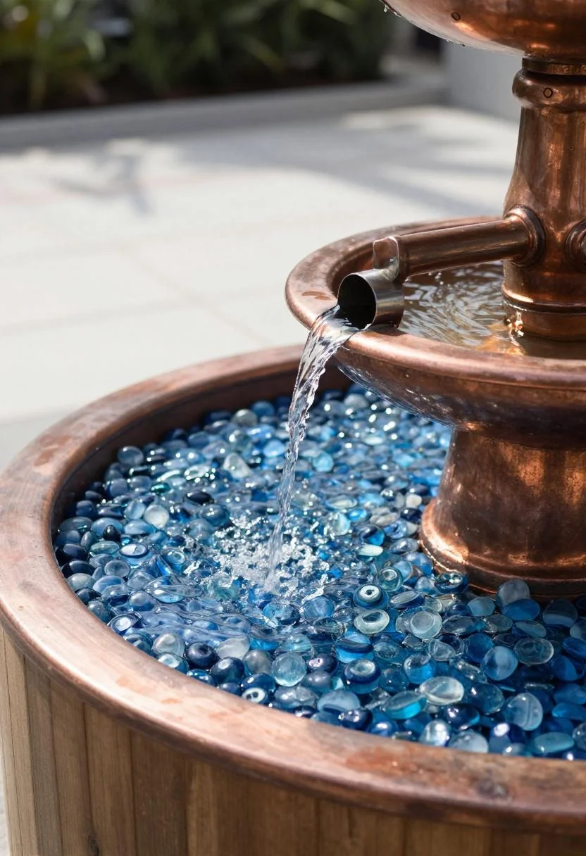 Copper pipe fountain arching into a cedar planter lined with cool blue glass pebbles