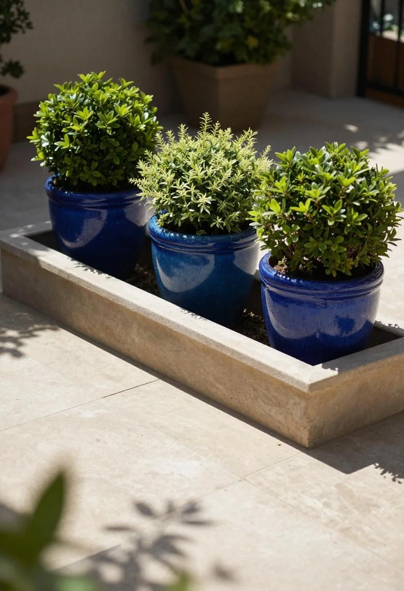 Plum noir lacquered barrel planter with cascading wisteria set against a whitewashed stone garden wall