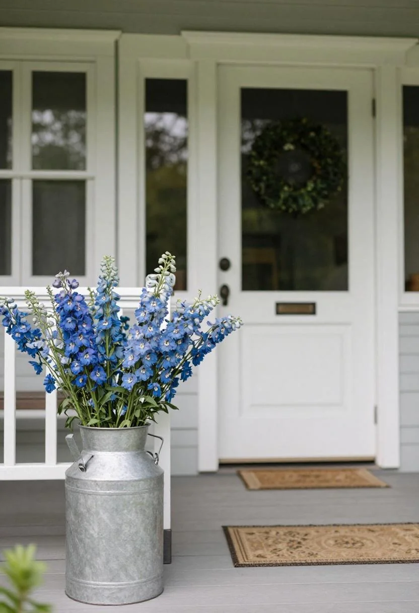 Blue delphinium milk can tucked into a cottage porch railing corner