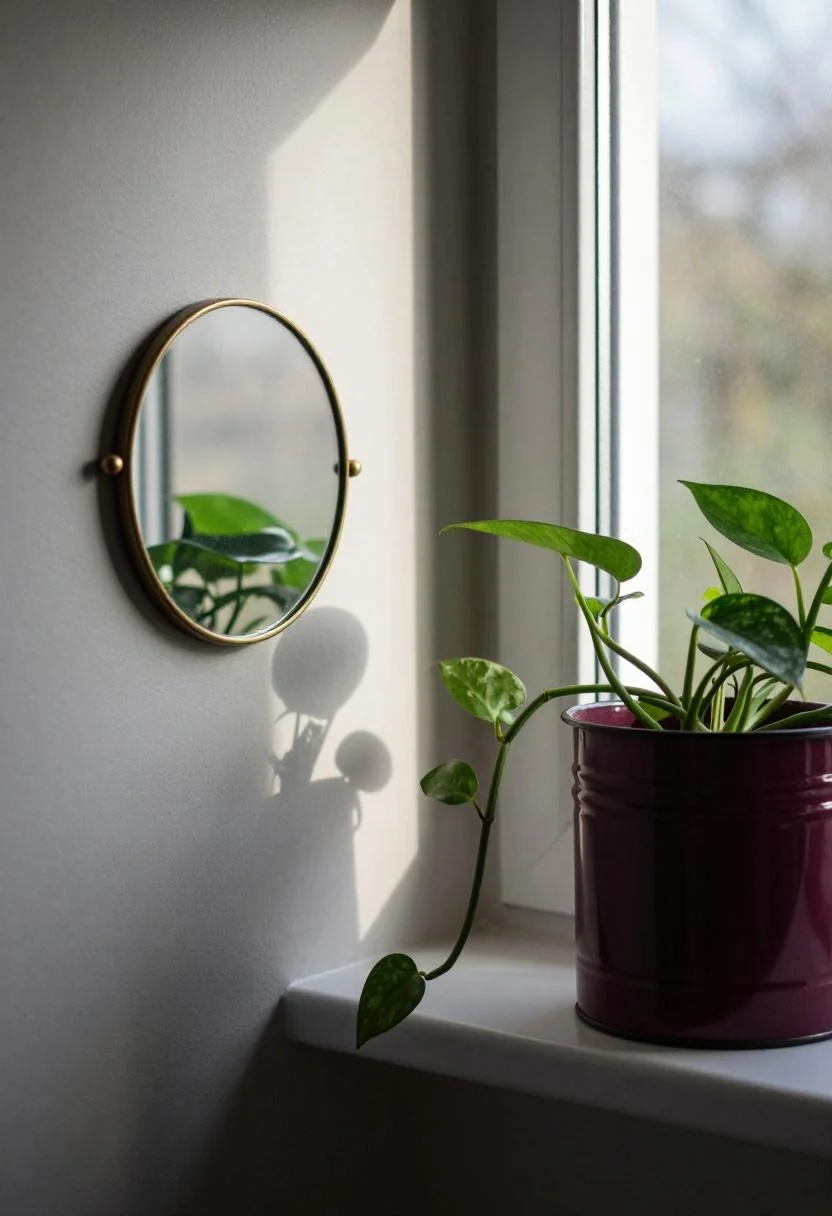 Camper window ledge with plum noir planter and brass convex mirror