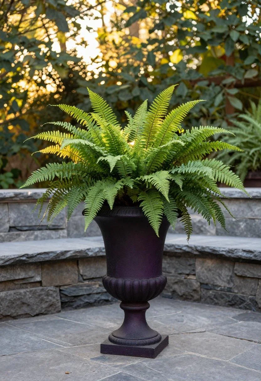 Jade green galvanized tub with Kimberly Queen fern beside a hand trowel along a cottage gravel garden path