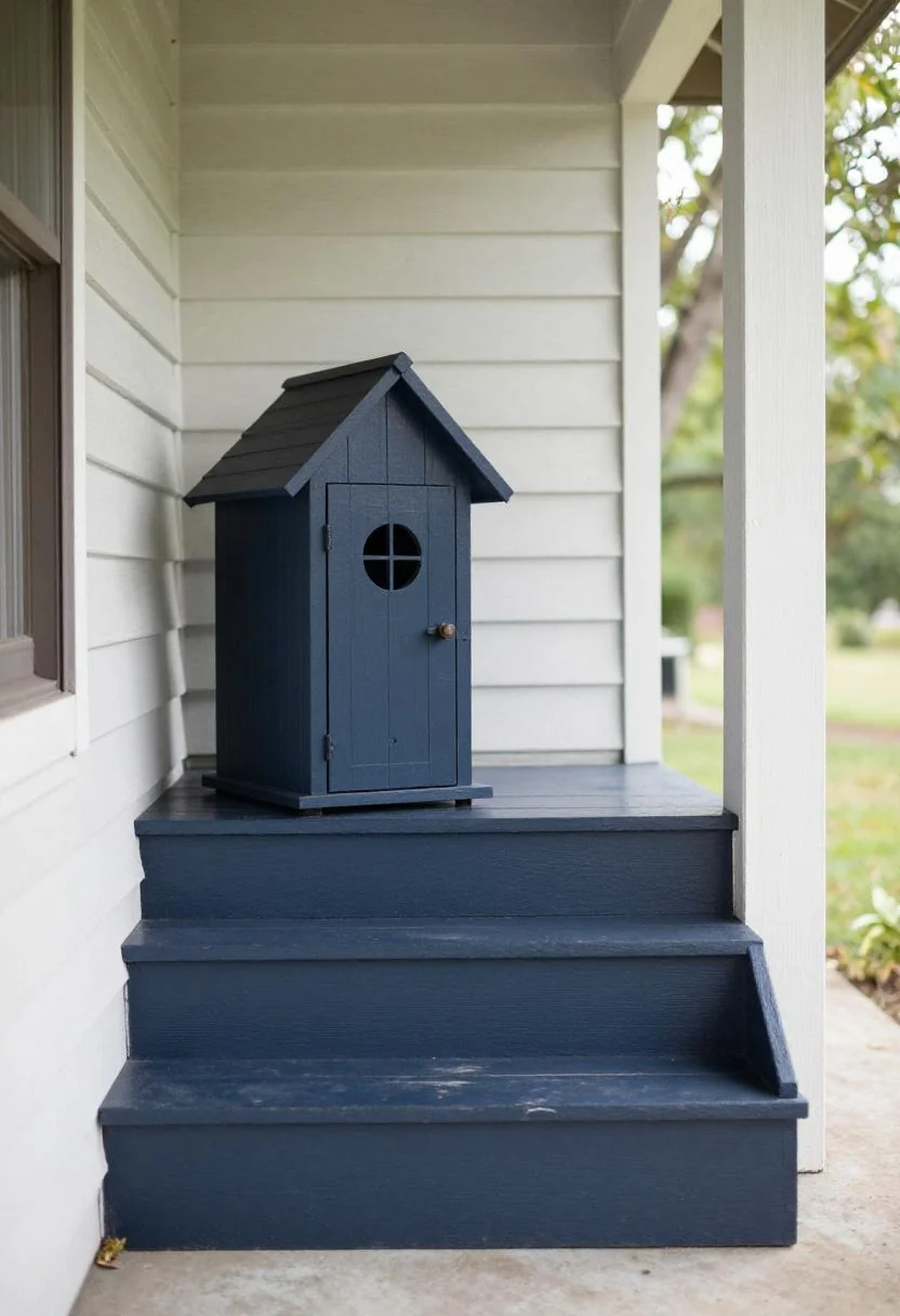Plum painted fairy house on porch step corner with center stair kept clear