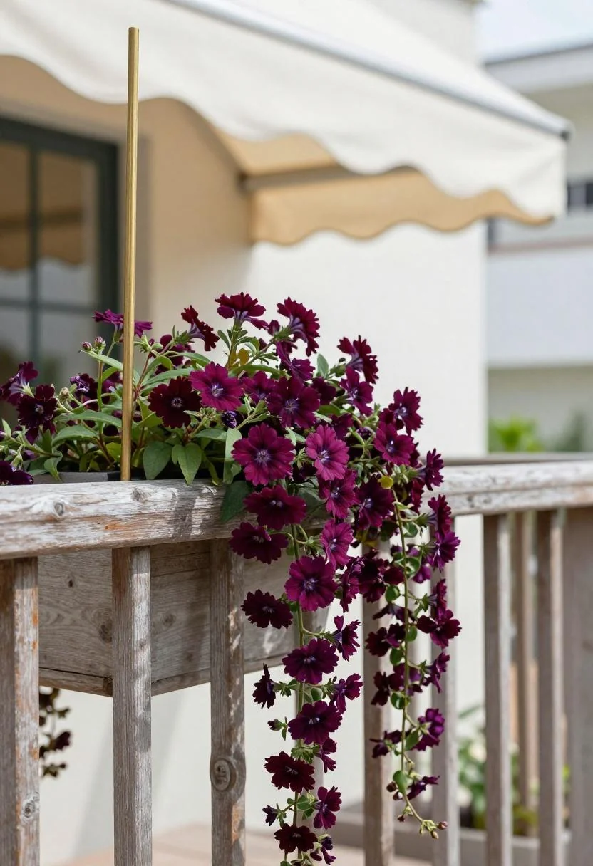 Deep plum verbena trailing from a weathered teak balcony railing planter in midday shade