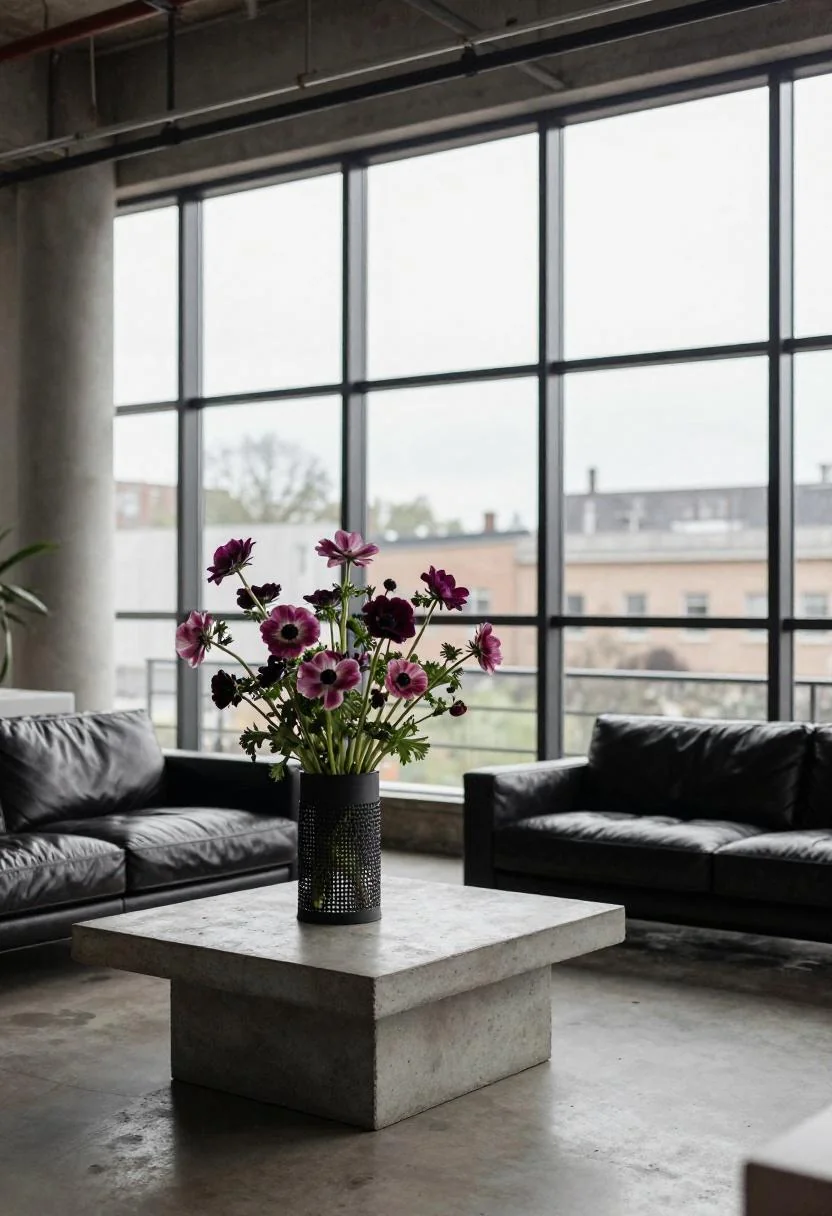 Plum anemones in a black iron vase beside a leather sofa in an industrial living room