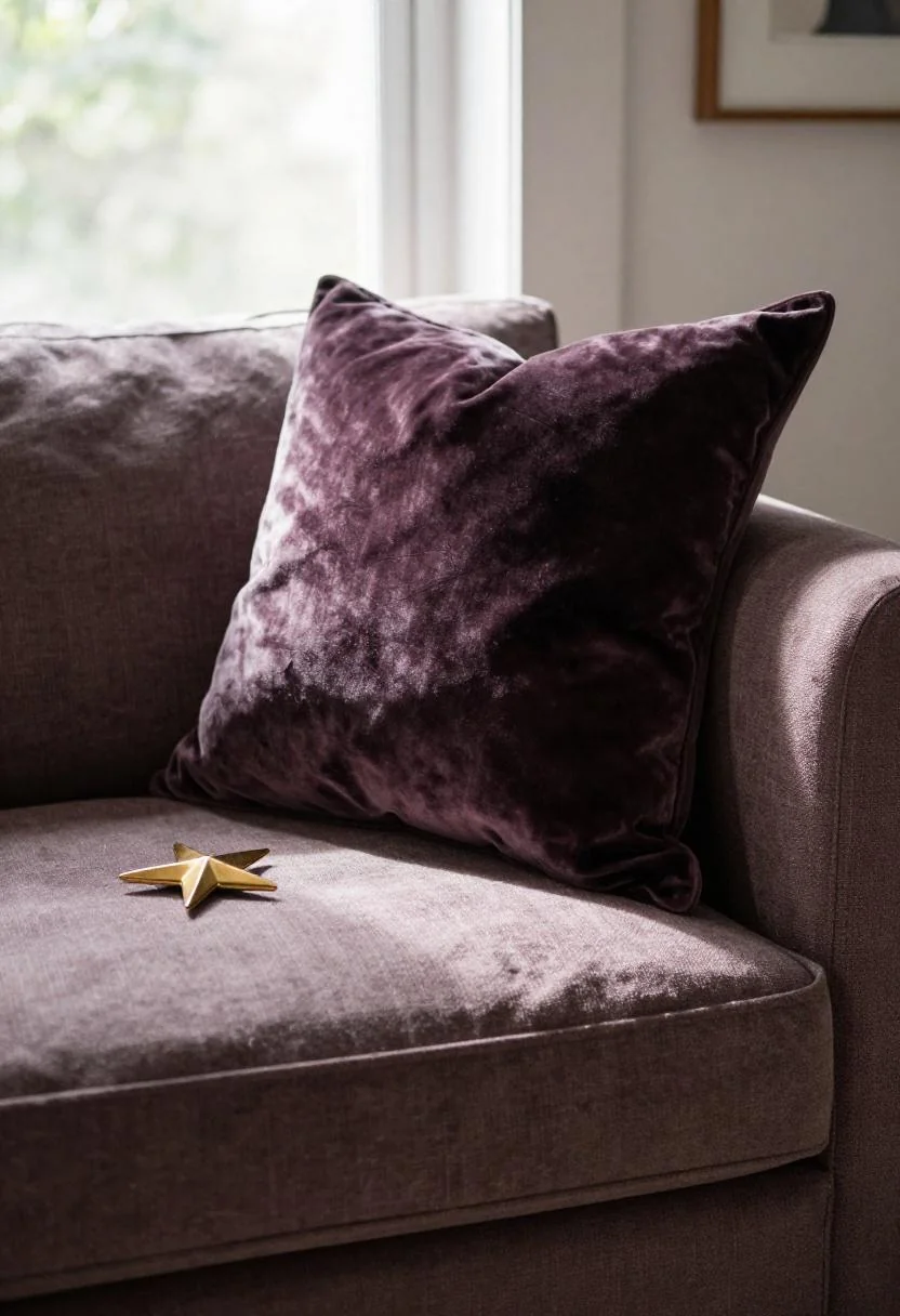 Plum Noir velvet pillow with a brass star ornament for a maximalist patriotic living room accent