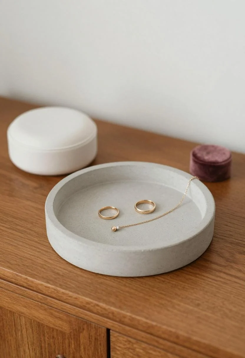Circular cement jewelry tray with plum noir velvet cushion on a bedroom dresser