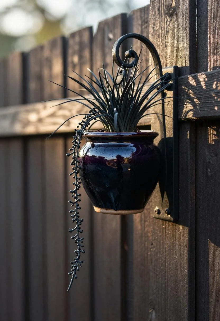 Persimmon rattan lantern and basalt bird-of-paradise pot on a tropical covered patio