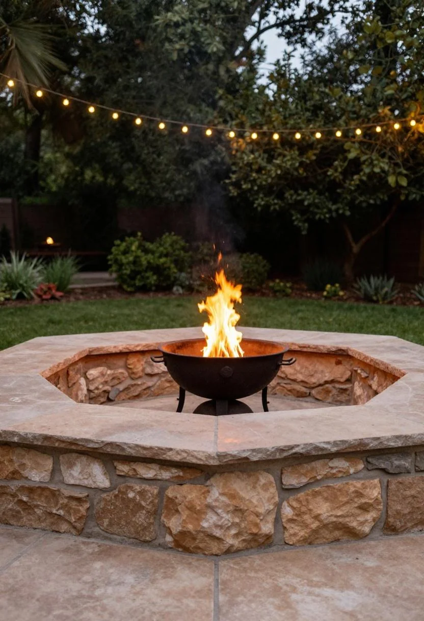 A slate ledge and cast-iron fire basket glowing under string lights at garden dusk