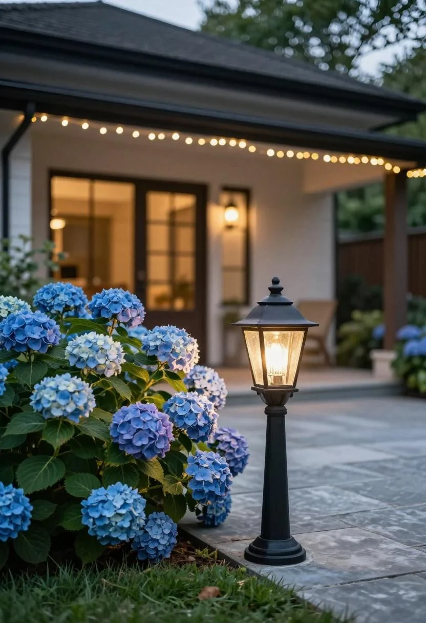 Plum noir cast iron lantern post flanking a stone walkway of a Craftsman bungalow garden at dusk