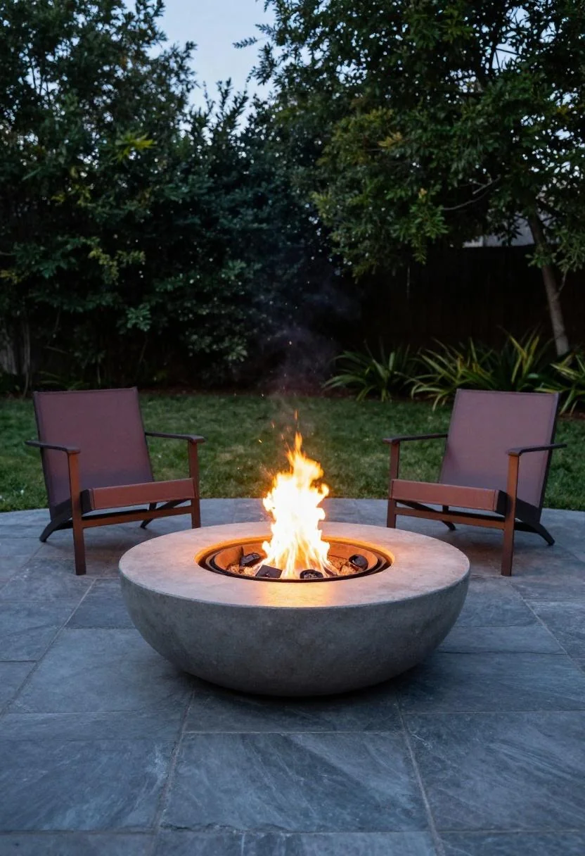 Concrete fire bowl flanked by plum noir steel chairs on a duplex slate fire pit pad at dusk