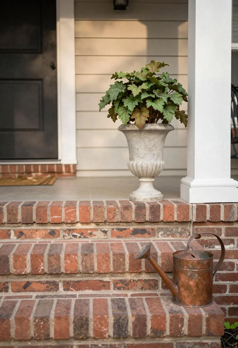 Cast-stone urn with plum heuchera and copper watering can beside a brick porch step in Plum Noir