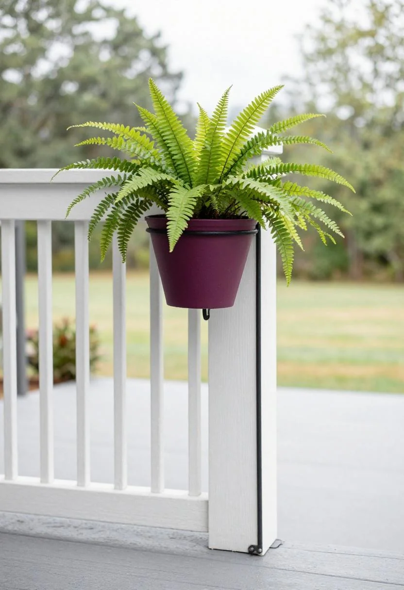Plum cast-iron hanging fern planter on a barndominium porch post corner