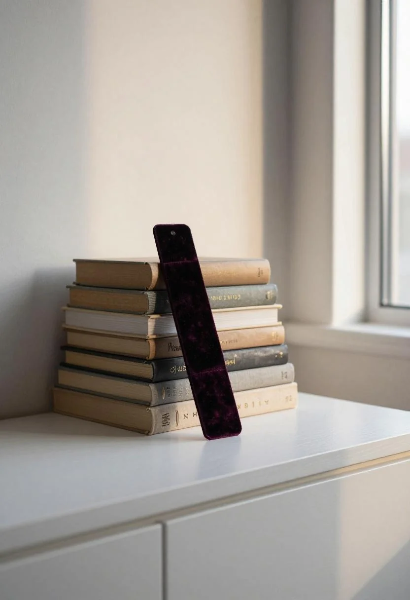 Whitewashed bookshelf with linen books and plum noir velvet bookmark in warm golden light