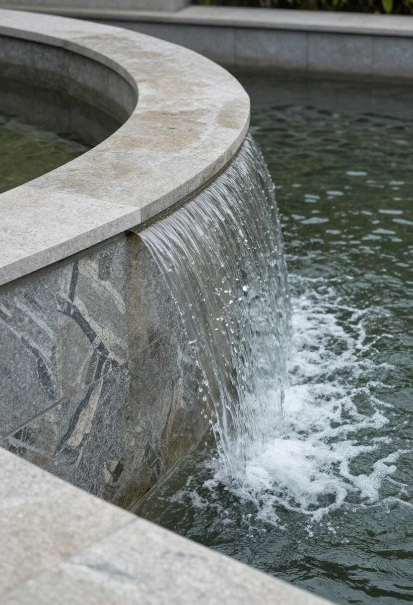 Plum-veined limestone waterfall edge sheeting water into a still backyard pond