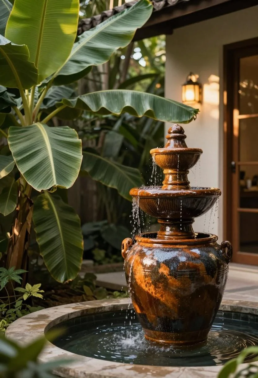 Plum-noir clay pot fountain framed by banana leaves on a tropical deck at golden hour