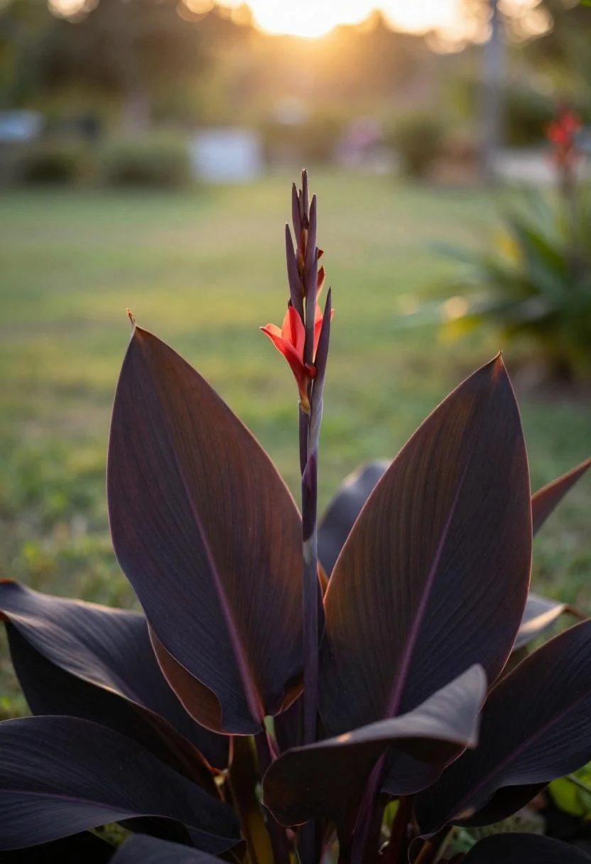 Red canna lilies planted behind a basalt stone border reflecting in tropical pool water at midday