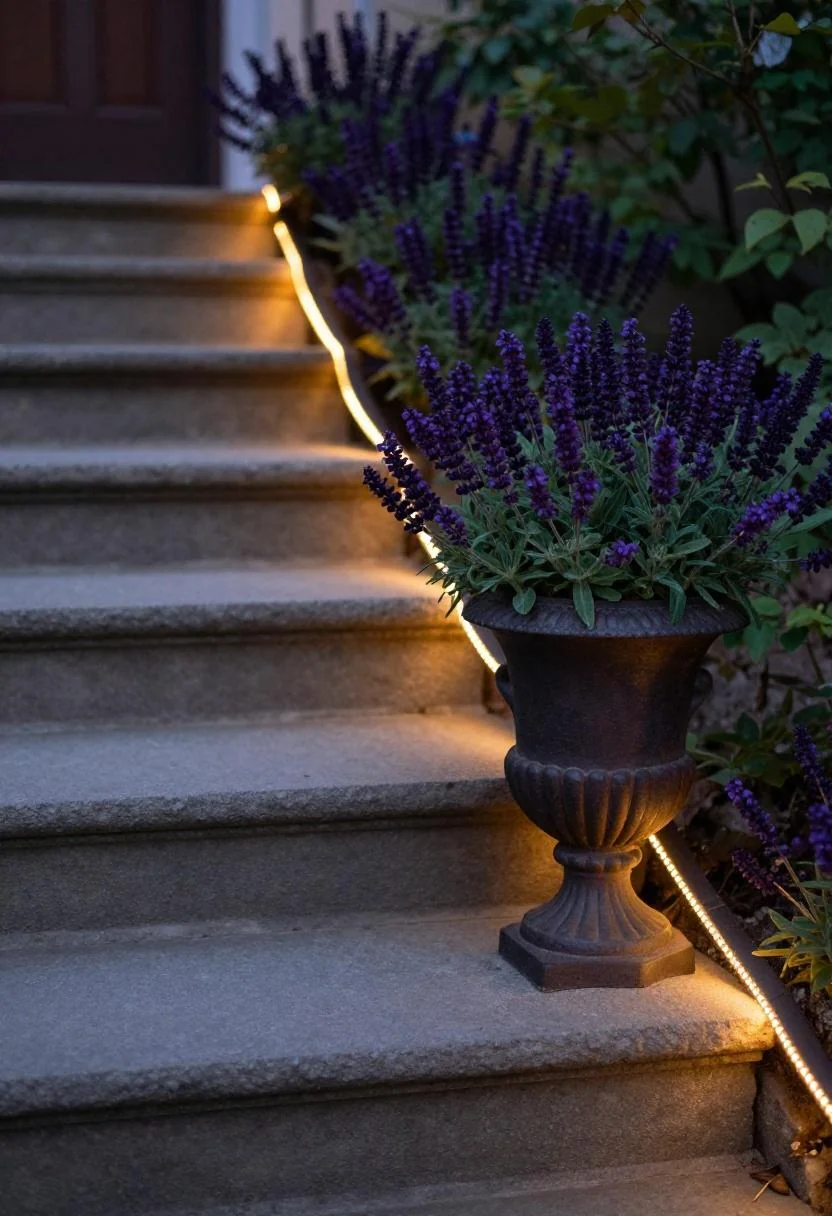Cast-iron urn of violet salvia beside stone garden steps under warm string lights at dusk