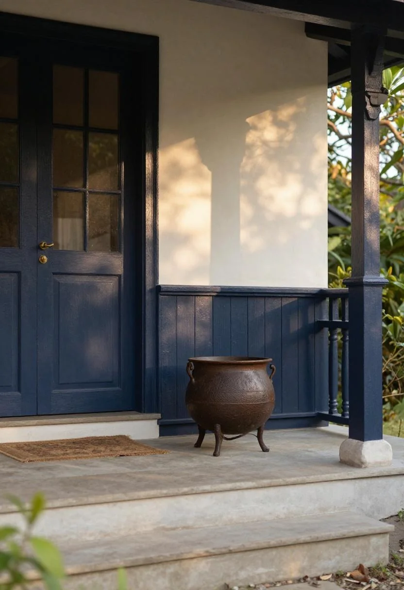 Cast-iron cauldron fountain in a cottage porch corner with plum-toned fence backdrop at golden hour