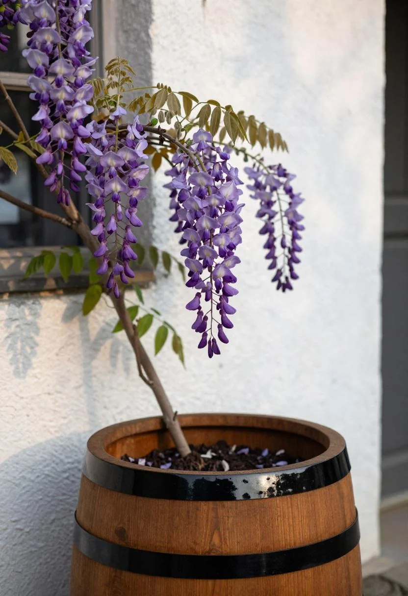 Jade green concrete pots with lollipop bay trees framing a modern front door at golden hour