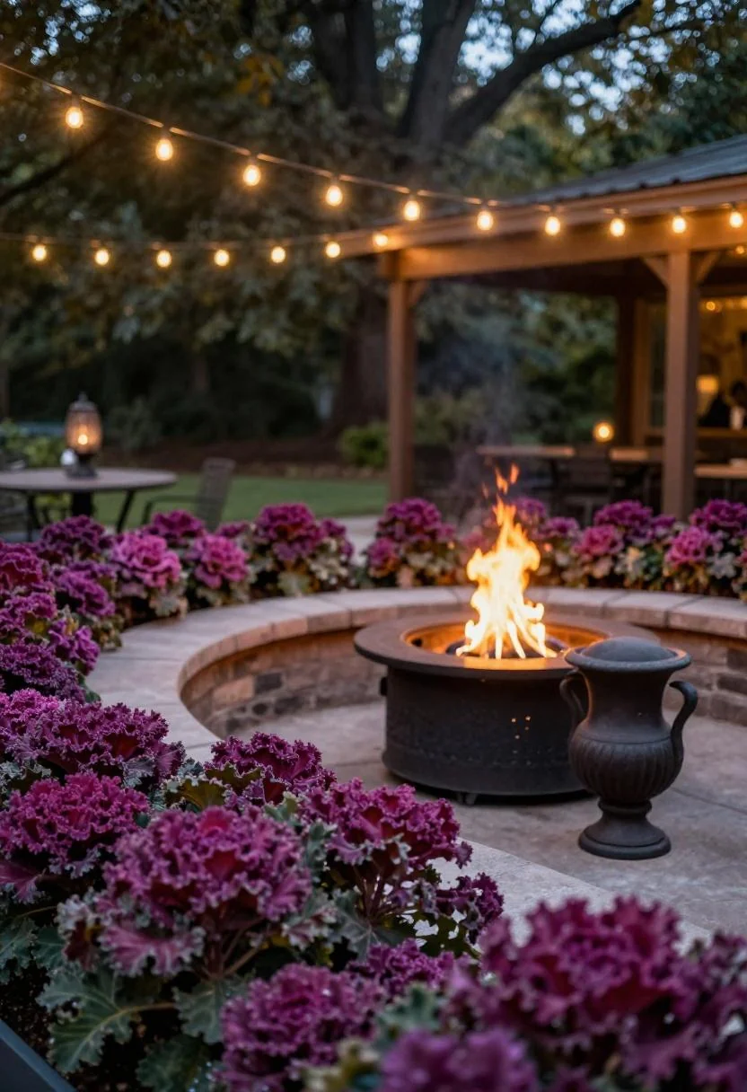 Cast-iron urn with plum ornamental kale beside a fire pit patio glowing under string lights at dusk