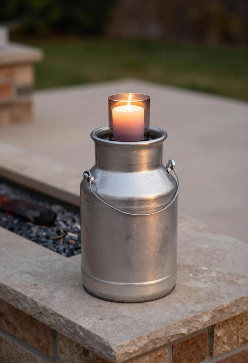 Cast iron milk can holding a plum lantern on a fire pit stone ledge at golden hour