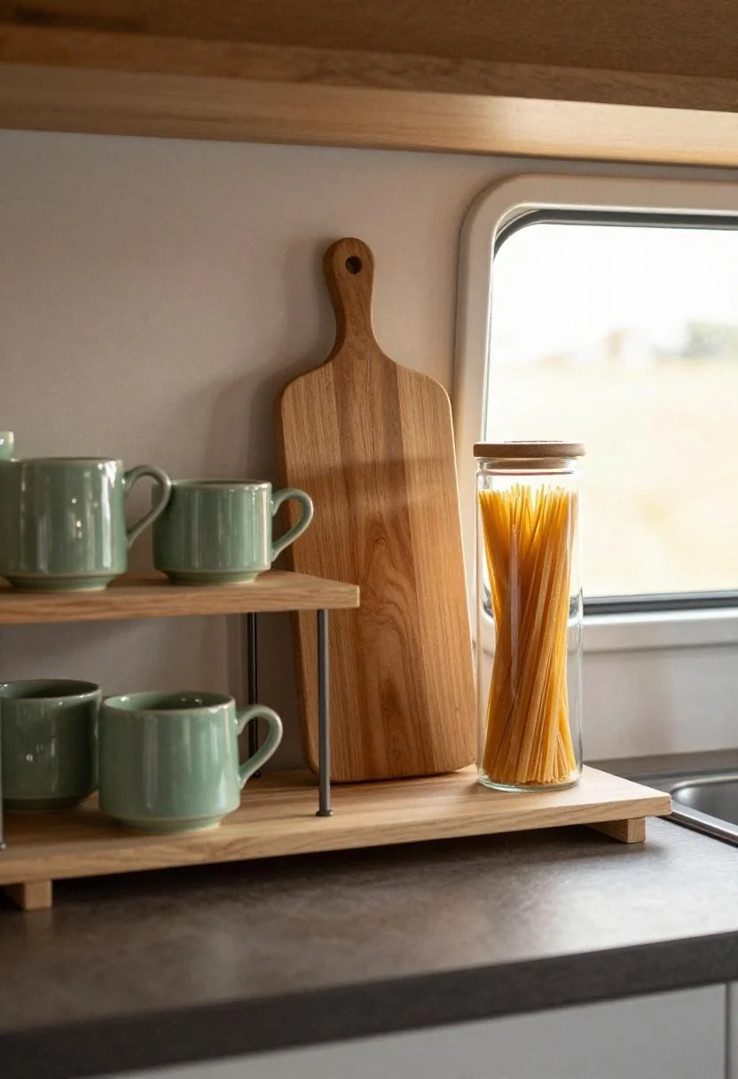 Camper open kitchen shelf with jade green ceramics and olive wood board in retro style