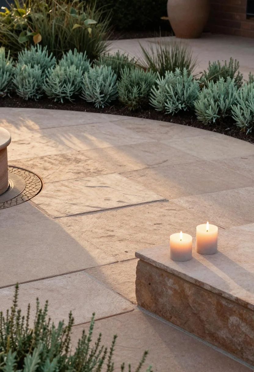 Jade ornamental sage and thyme ringing a sandstone fire pit border at golden hour