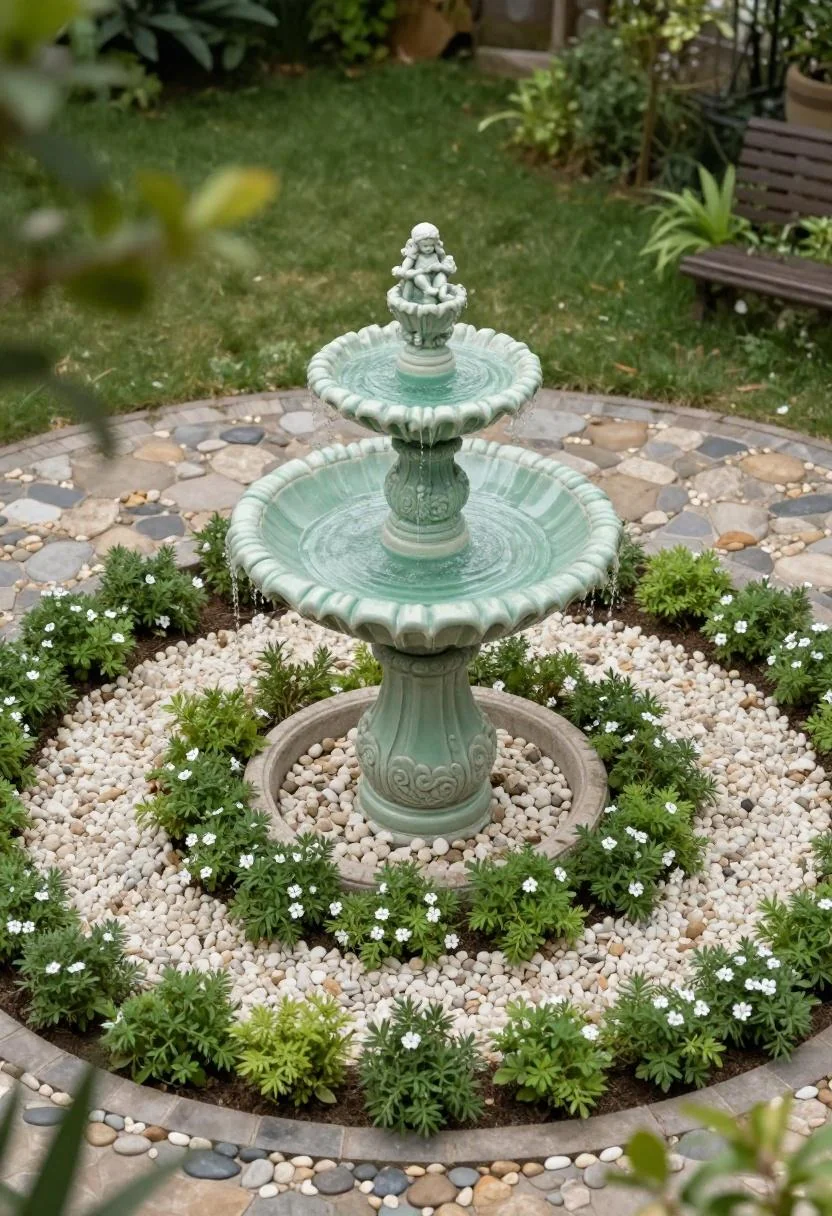 Jade green fairy fountain centered in a pebble-bordered circular garden bed