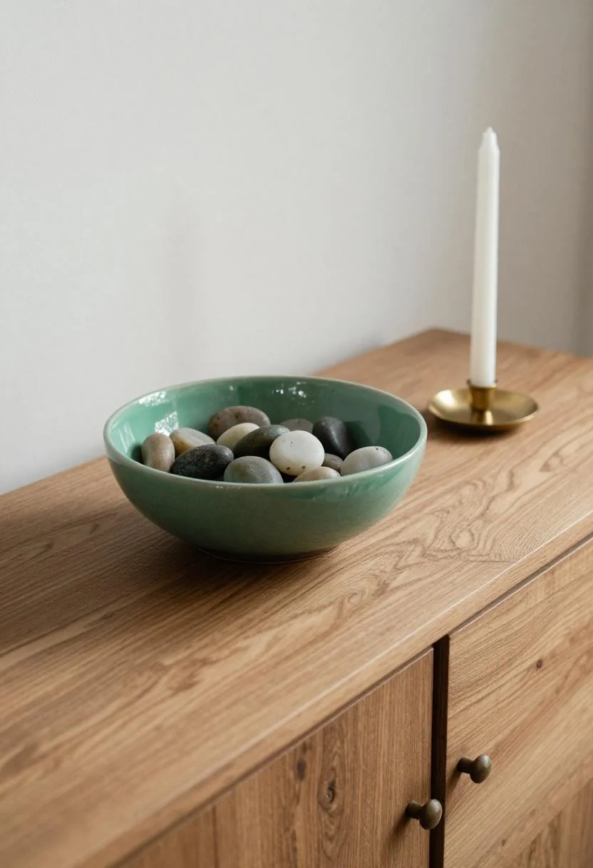 Jade green ceramic bowl and brass taper on a carved acacia sideboard blend warm textures with Fourth of July neutrals