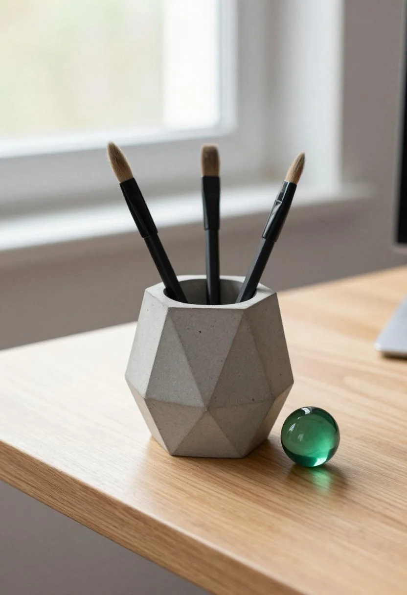 Concrete pencil cup with jade green glass paperweight in a minimalist desk corner