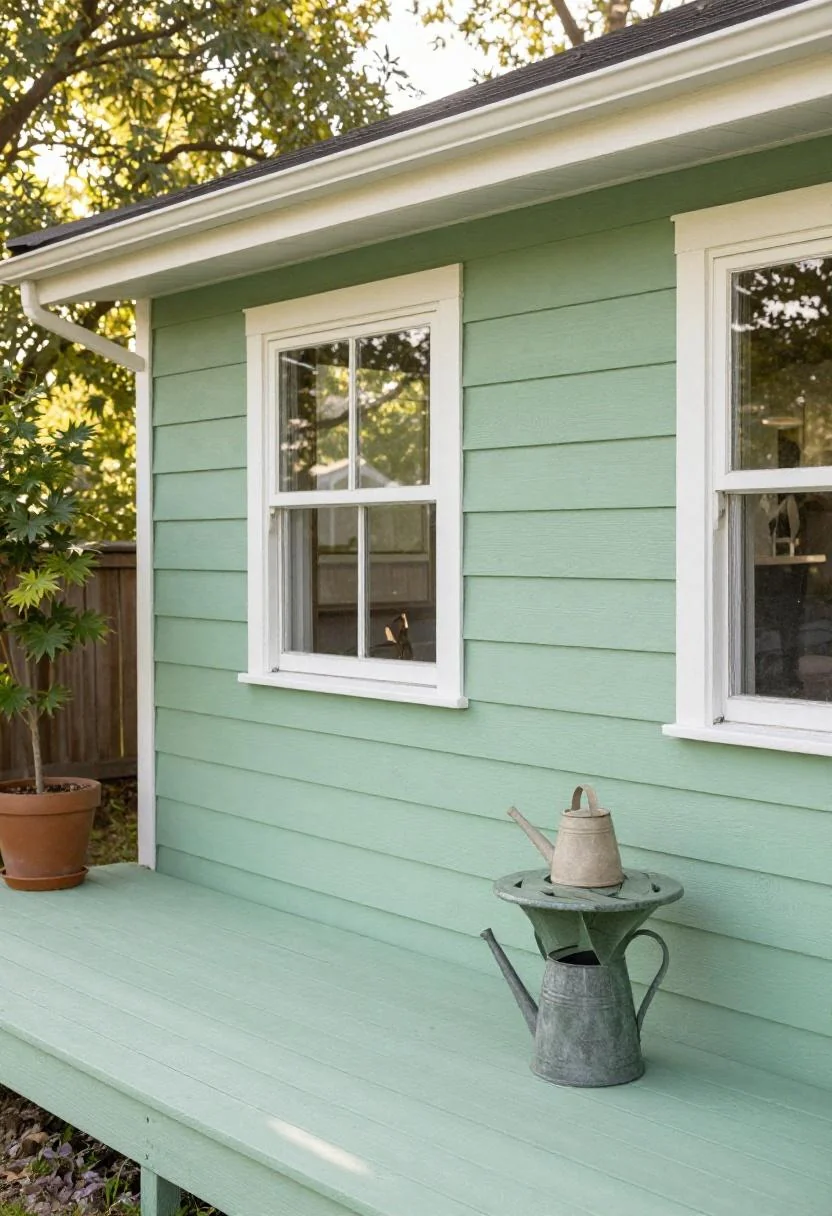 Jade green cedar side table and clay watering can on a Craftsman bungalow deck at morning light