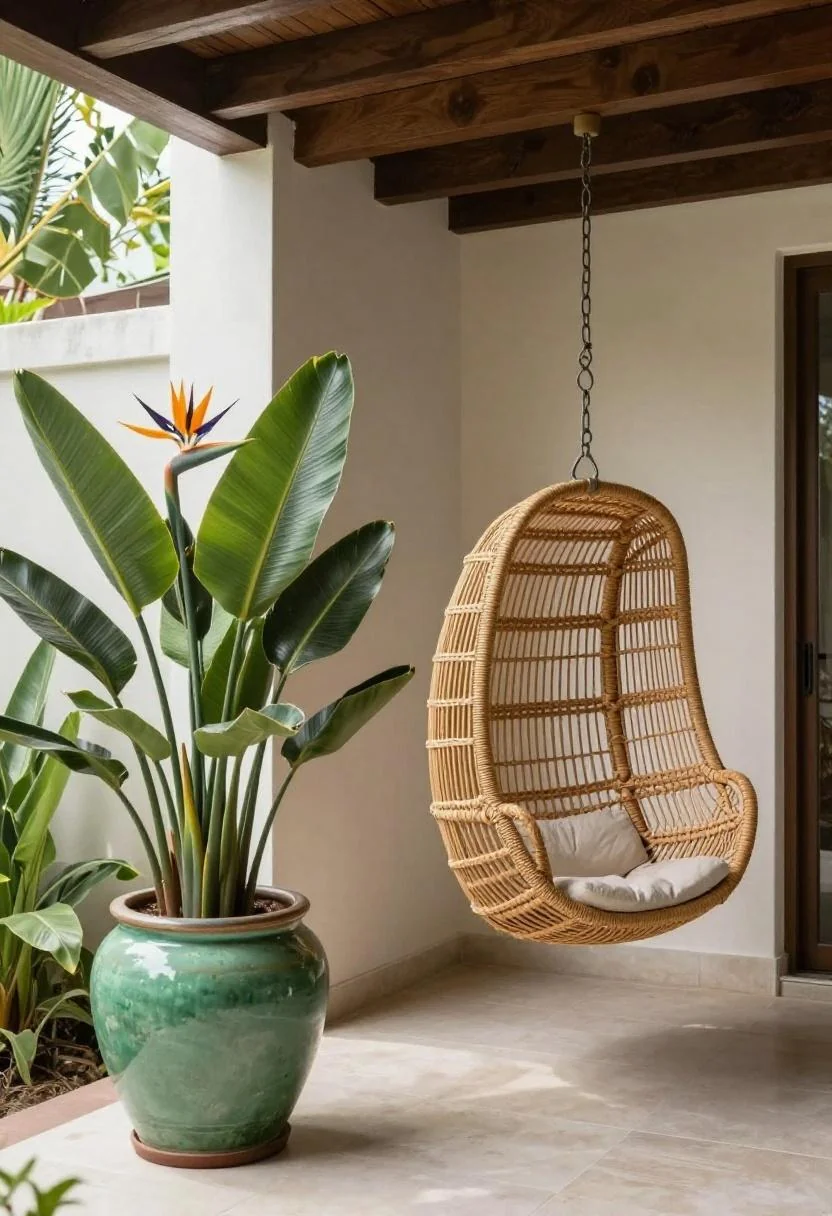 Jade green bird-of-paradise pot and rattan hanging chair on a tropical duplex terrace