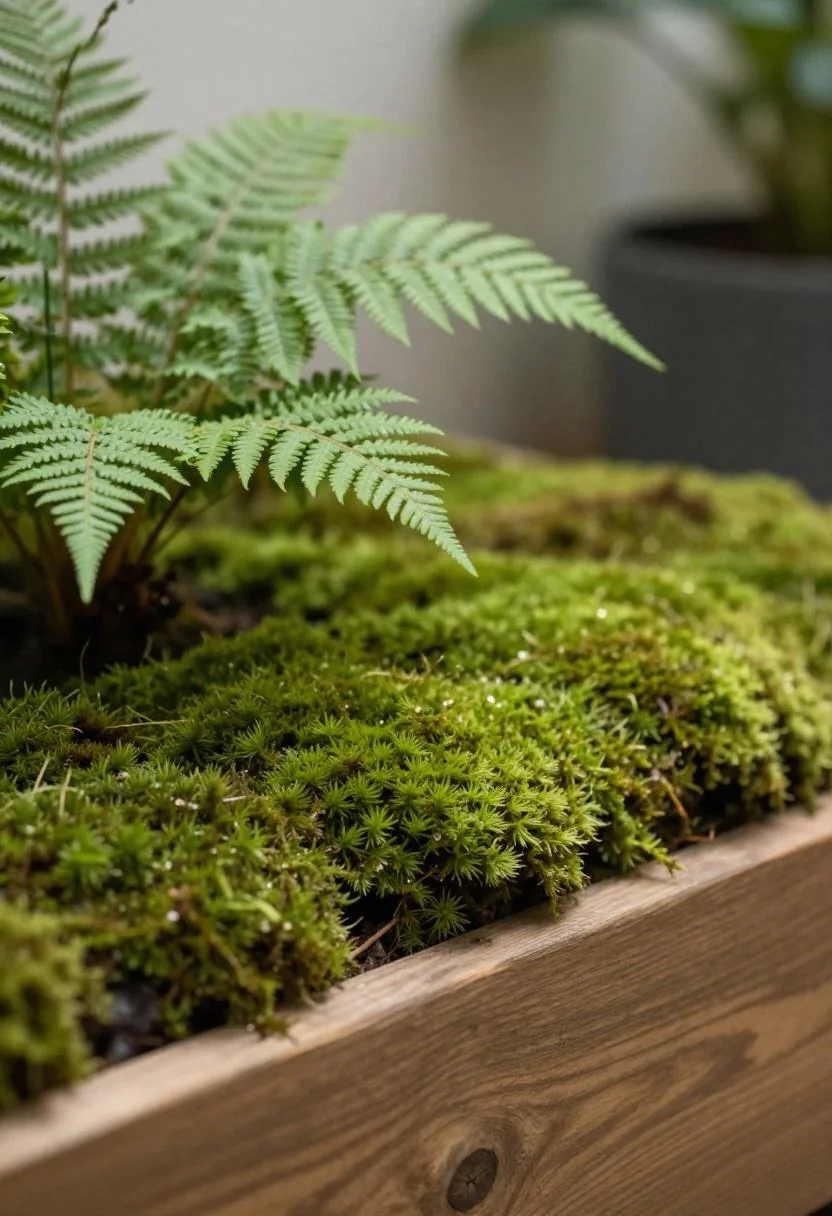 Jade moss and an unfurling fern draped over the corner of a timber raised garden bed