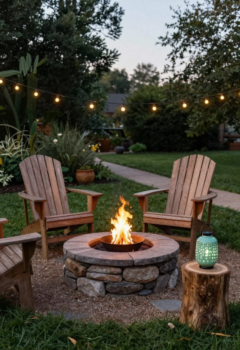 Pine Adirondack chairs flanking a stone fire pit with a jade ceramic lantern at dusk