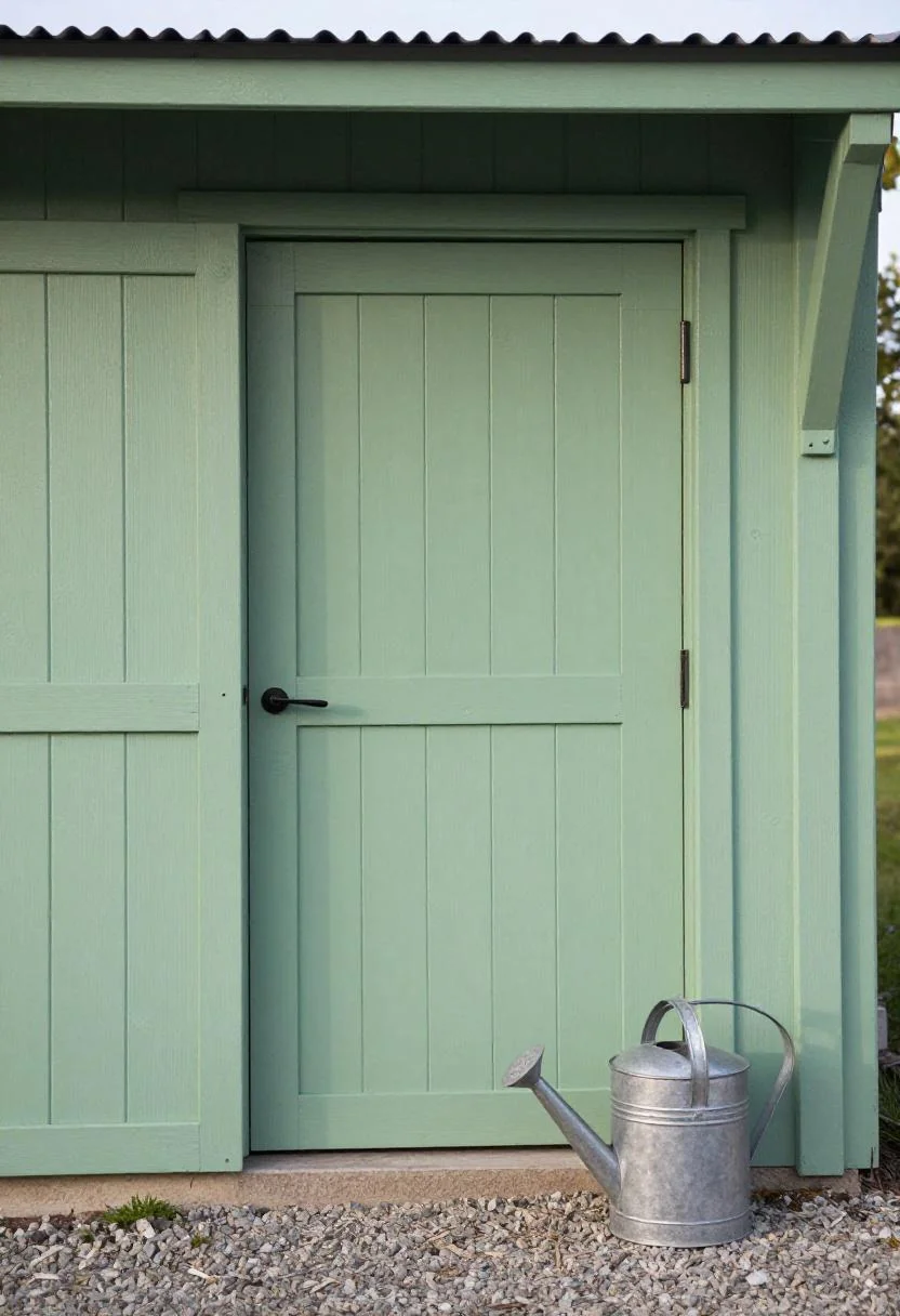 Jade Dutch barn door with a galvanized watering can beside the entry