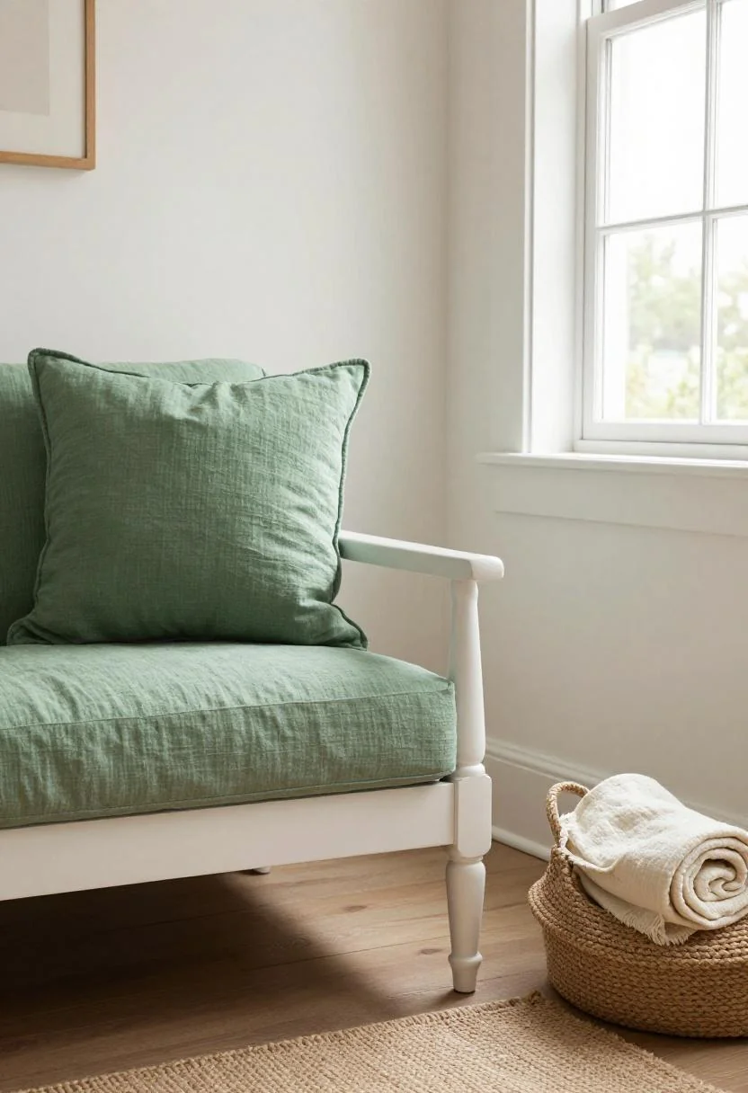 White oak armchair with jade green cushion and sisal basket in a softly lit coastal corner