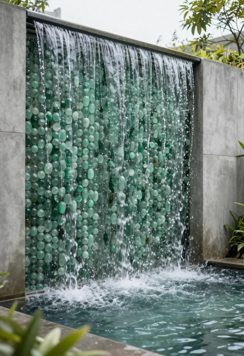 Modern glass bead waterfall wall flowing into a sleek ground-level trough pond
