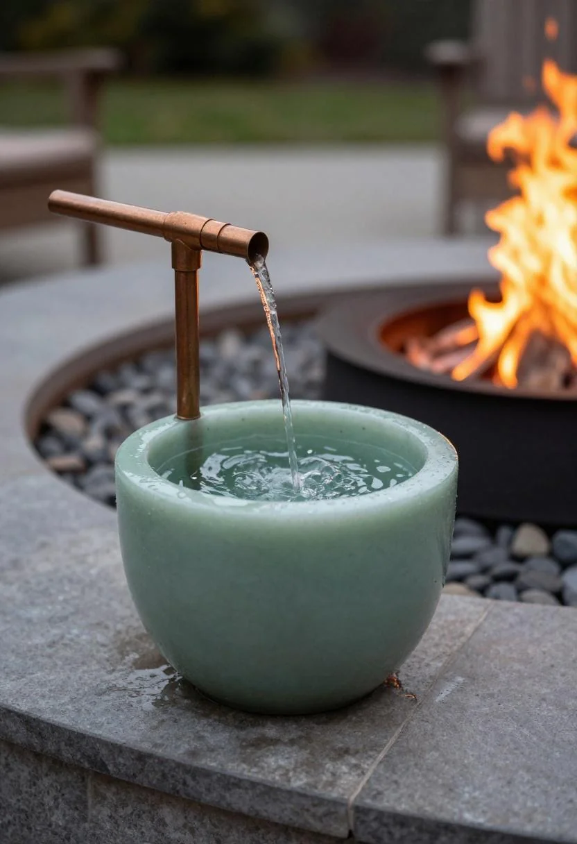Jade green concrete pot fountain glowing beside a fire pit at dusk with copper tube bubbler
