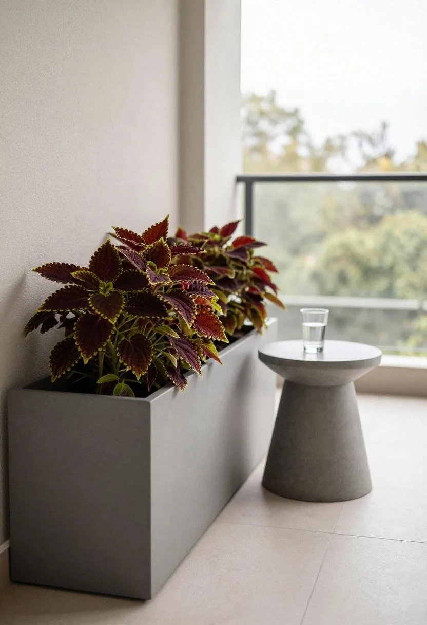 Fiberglass planter of emerald coleus hugging the wall of a modern balcony with a concrete side table