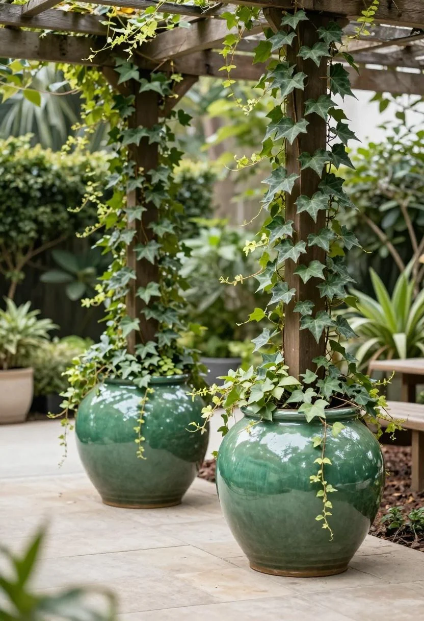 Jade green spherical ceramic planters with trailing ivy flanking a shaded garden path entry
