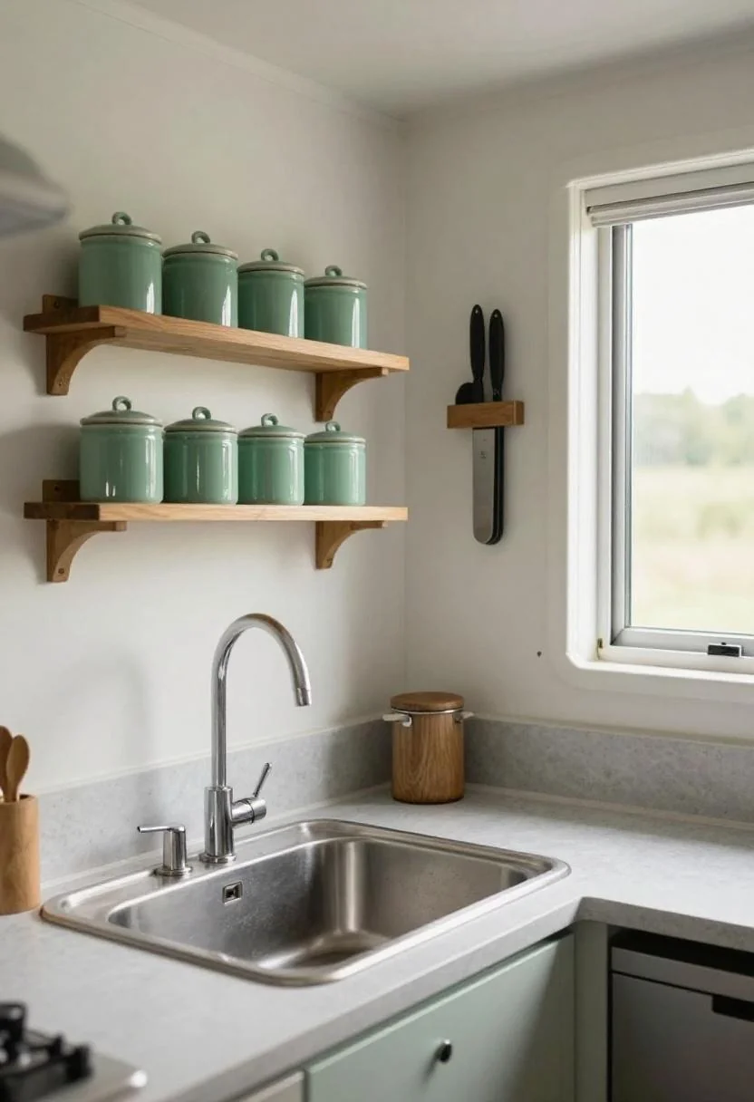 Jade green ceramic canisters on oak rail shelf above a camper kitchen sink