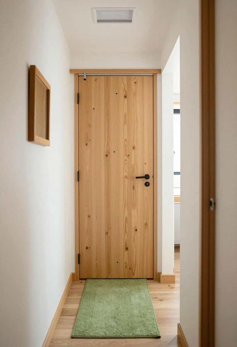 Birch pocket door and wasabi green cotton runner in a space-saving camper hallway
