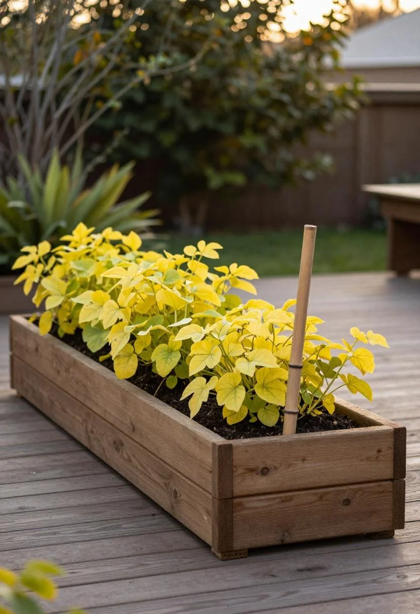 Cedar deck planter filled with wasabi chartreuse sweet potato vine glowing at golden hour
