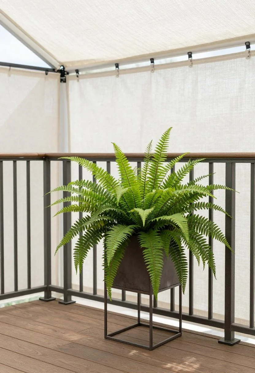 Wasabi steel planter box with Kimberly Queen fern mounted to a cedar deck railing under a linen shade sail