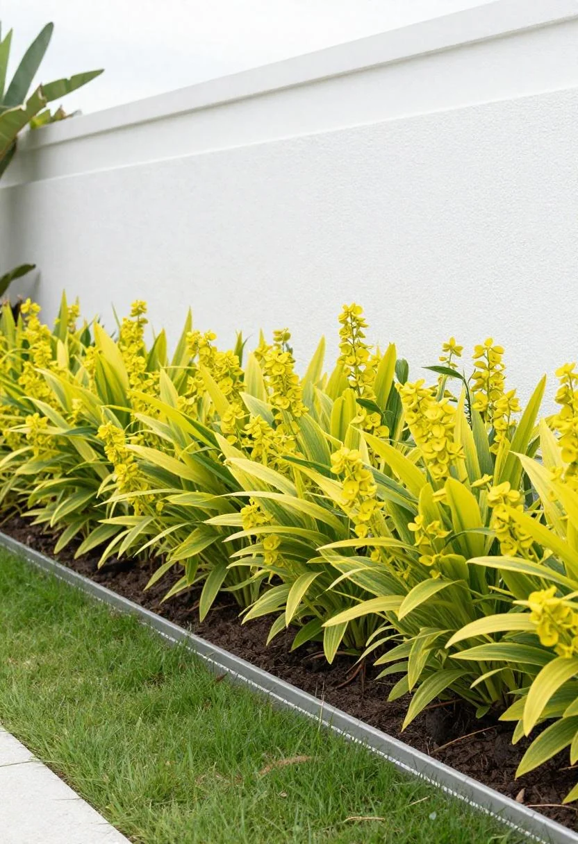 Chartreuse euphorbia massed against a white rendered wall behind a steel lawn edge