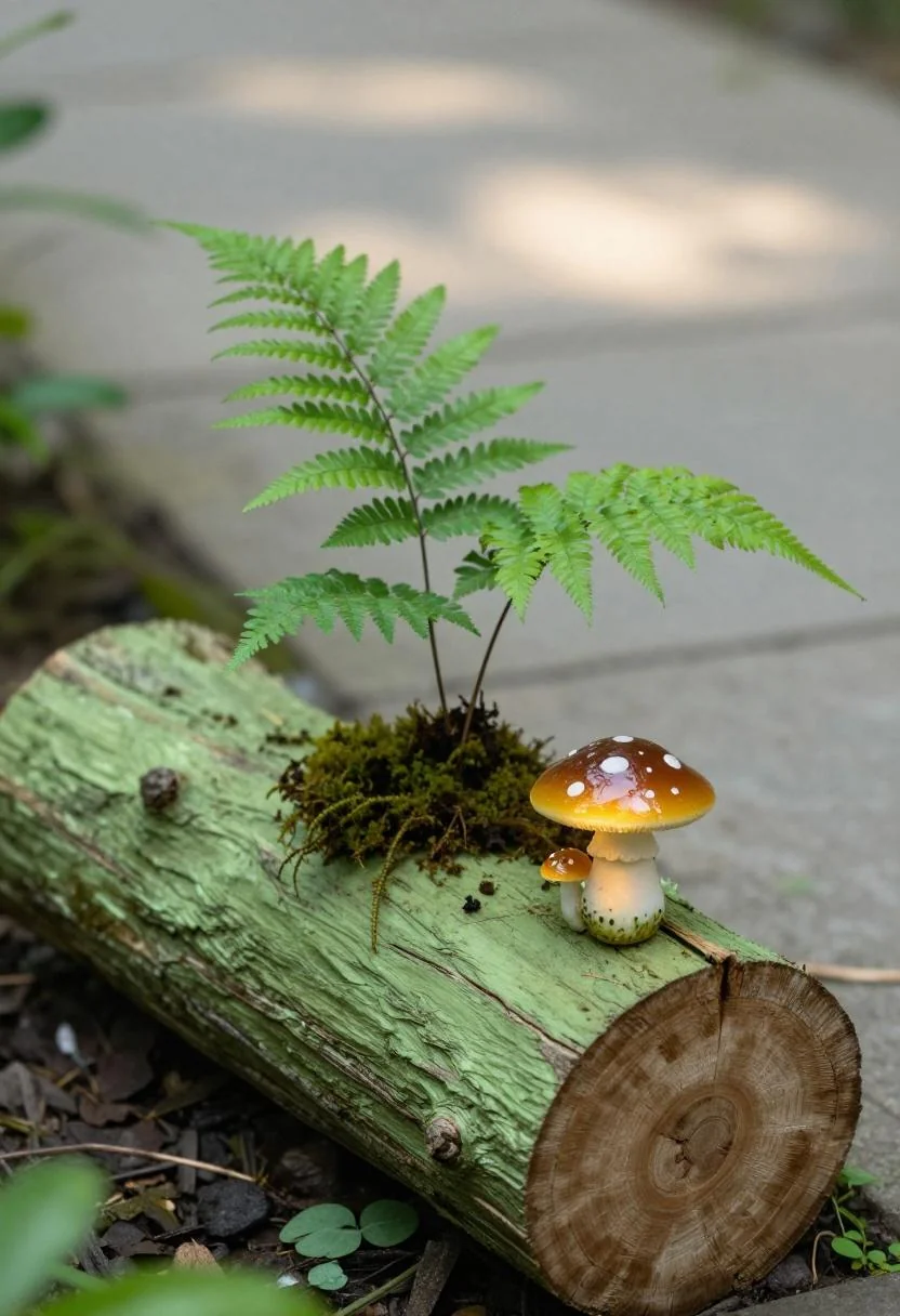 Wasabi green hollow log planter with fern and resin mushroom in golden hour light