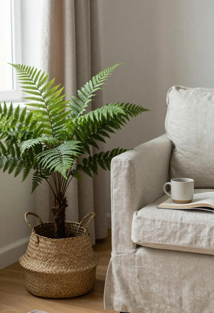 Wasabi green fern in a seagrass basket beside a linen reading chair with a ceramic mug